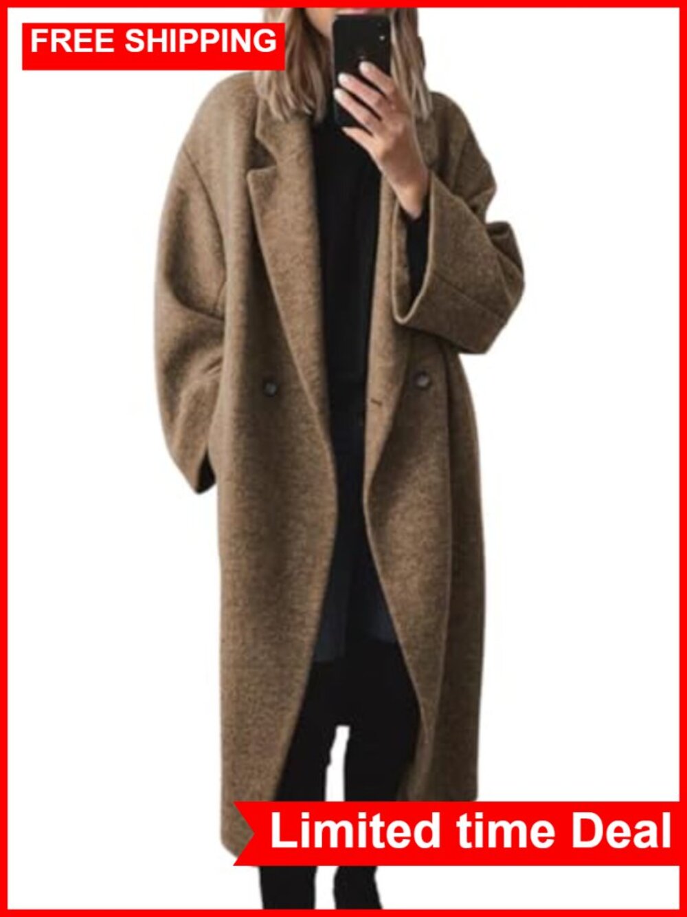 Women's Winter Double Breasted Wool Blend Coat Notch Lapel Long Trench